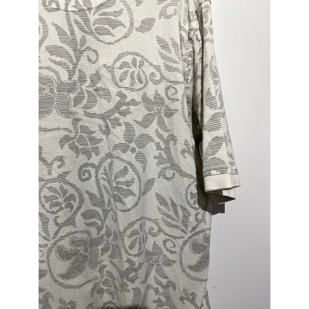 The Skins Game Mens Large Polo Shirt Waffle Knit Scroll Floral Damask Cream Grey